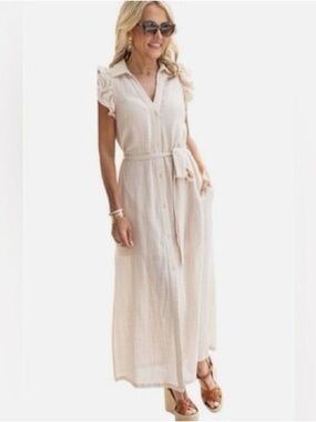 Karlie Cream Button-Front Tie-Waist Maxi Dress